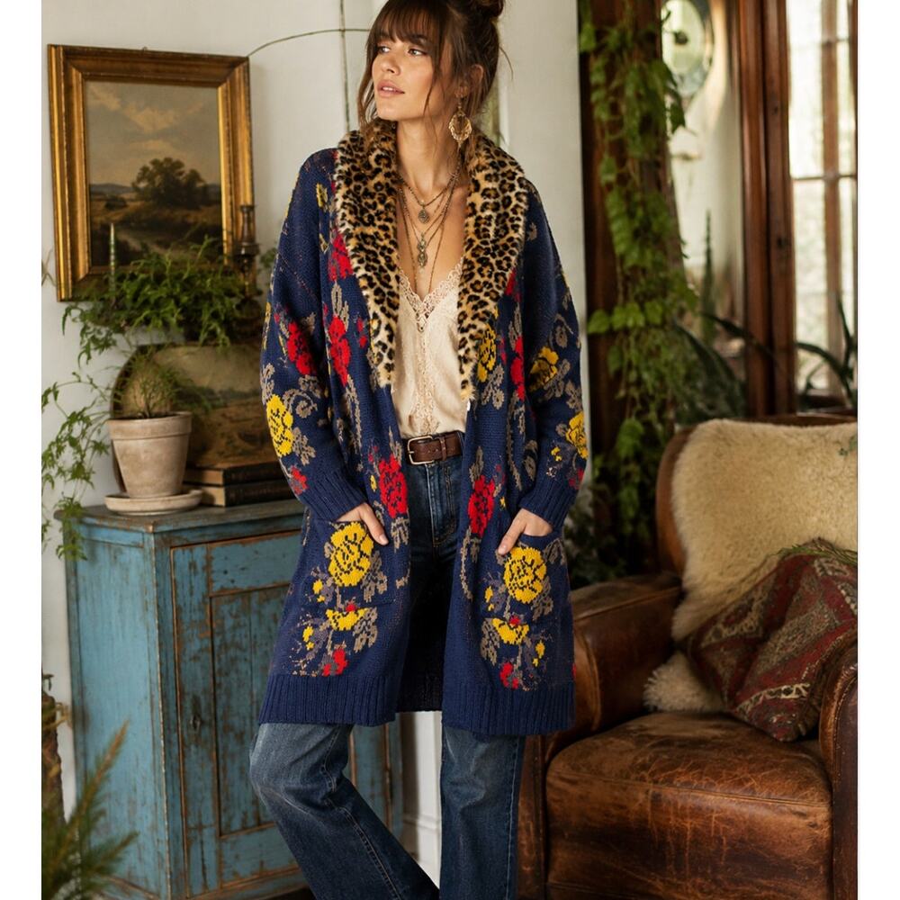 Aratta Silent Journey Floral Sweater Coat M Leopard Faux Fur Collar Wool Boho